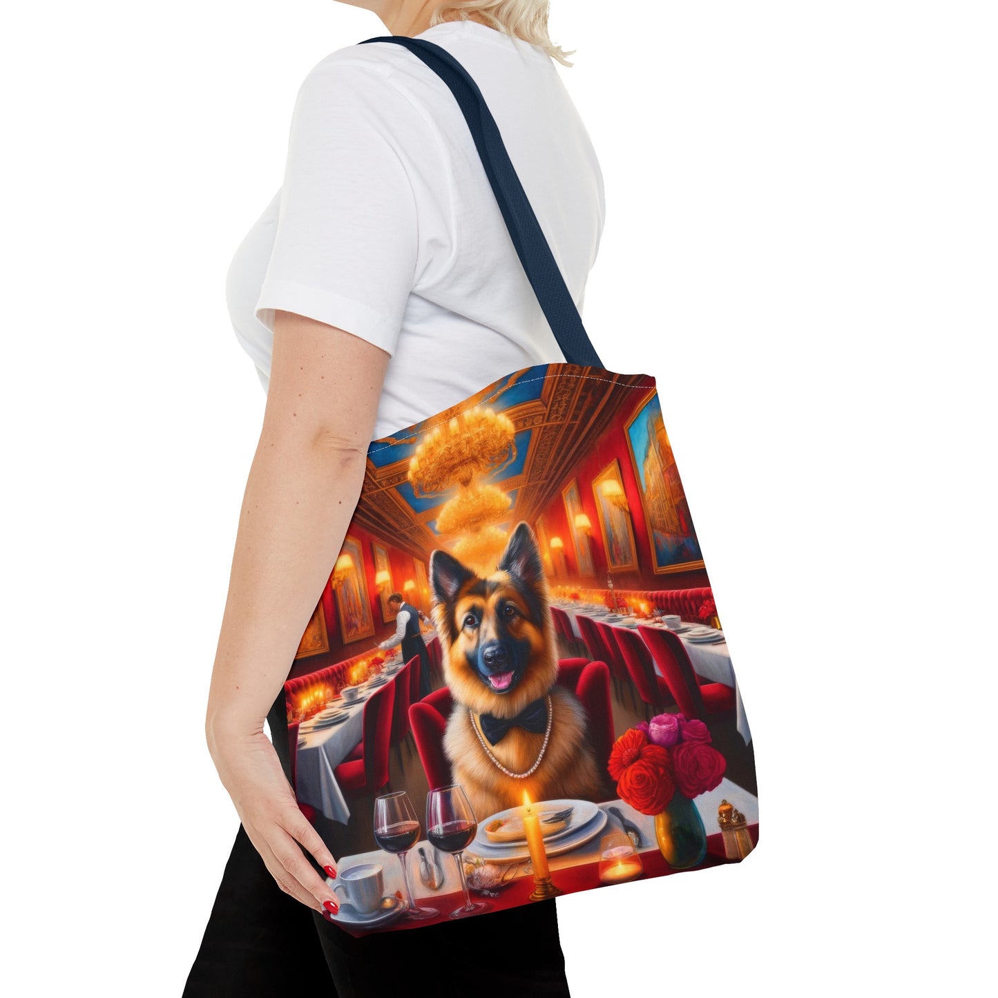 German Shepherd Eating at Restaurant Tote Bag