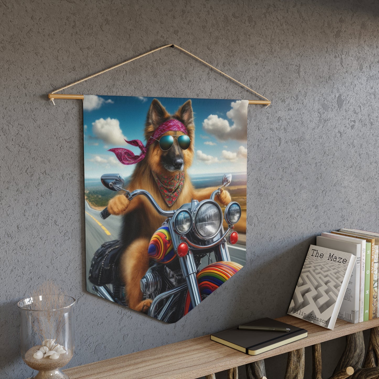 German Shepherd Riding a Motorcycle Pennant