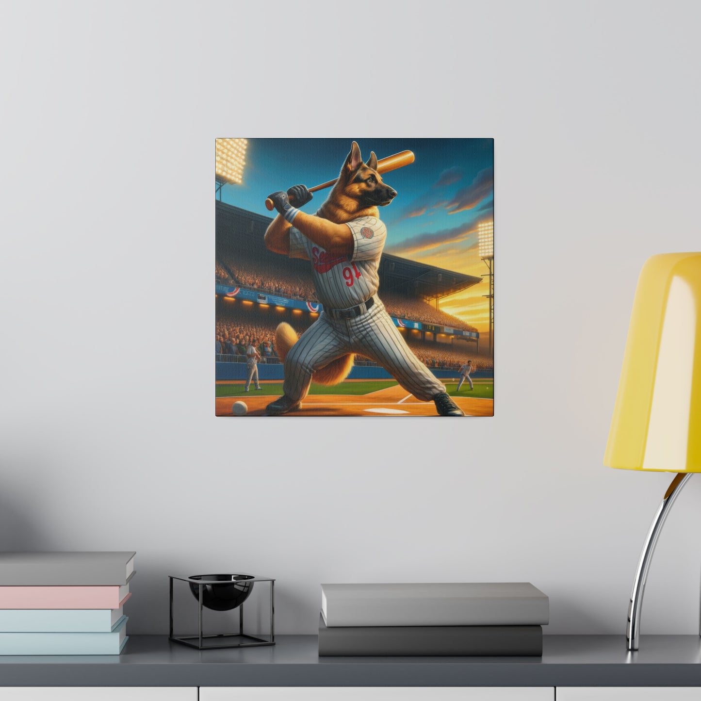 German Shepherd Playing Baseball Canvas Painting 16x16