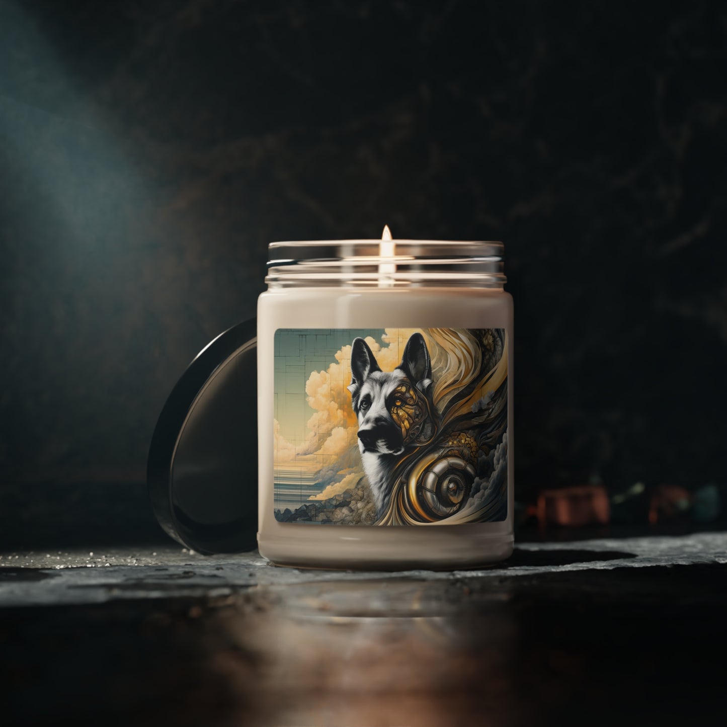 Byzantine, charcoal, and cybernetic German Shepherd Scented Soy Candle, 9oz