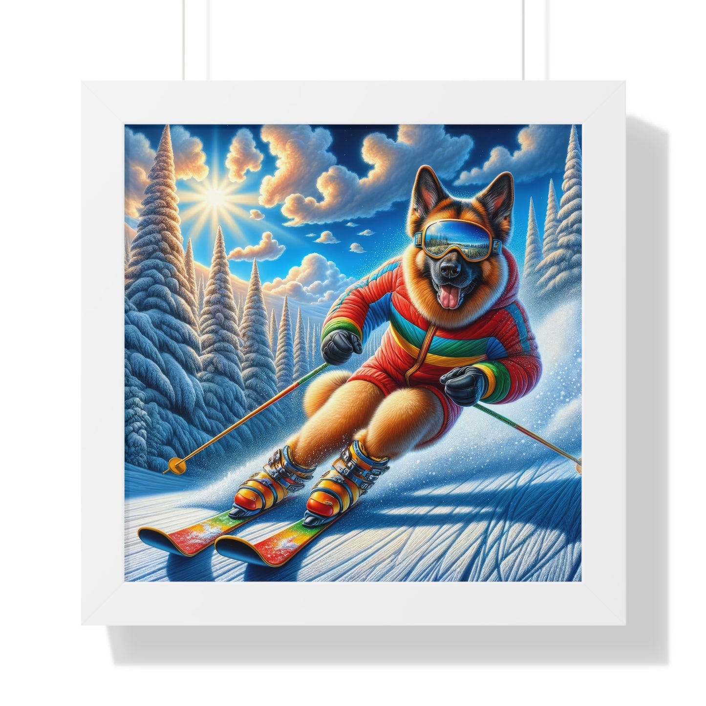 German Shepherd Skiing Framed Poster Painting 16x16