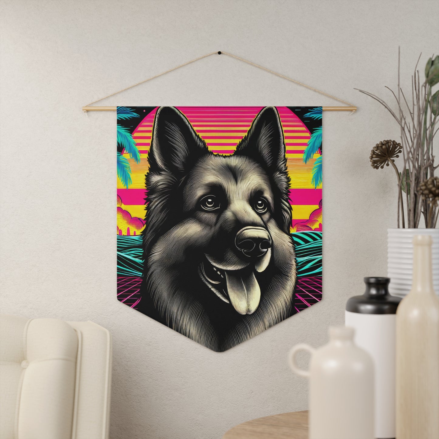 Scratchboard and vaporwave German Shepherd Pennant