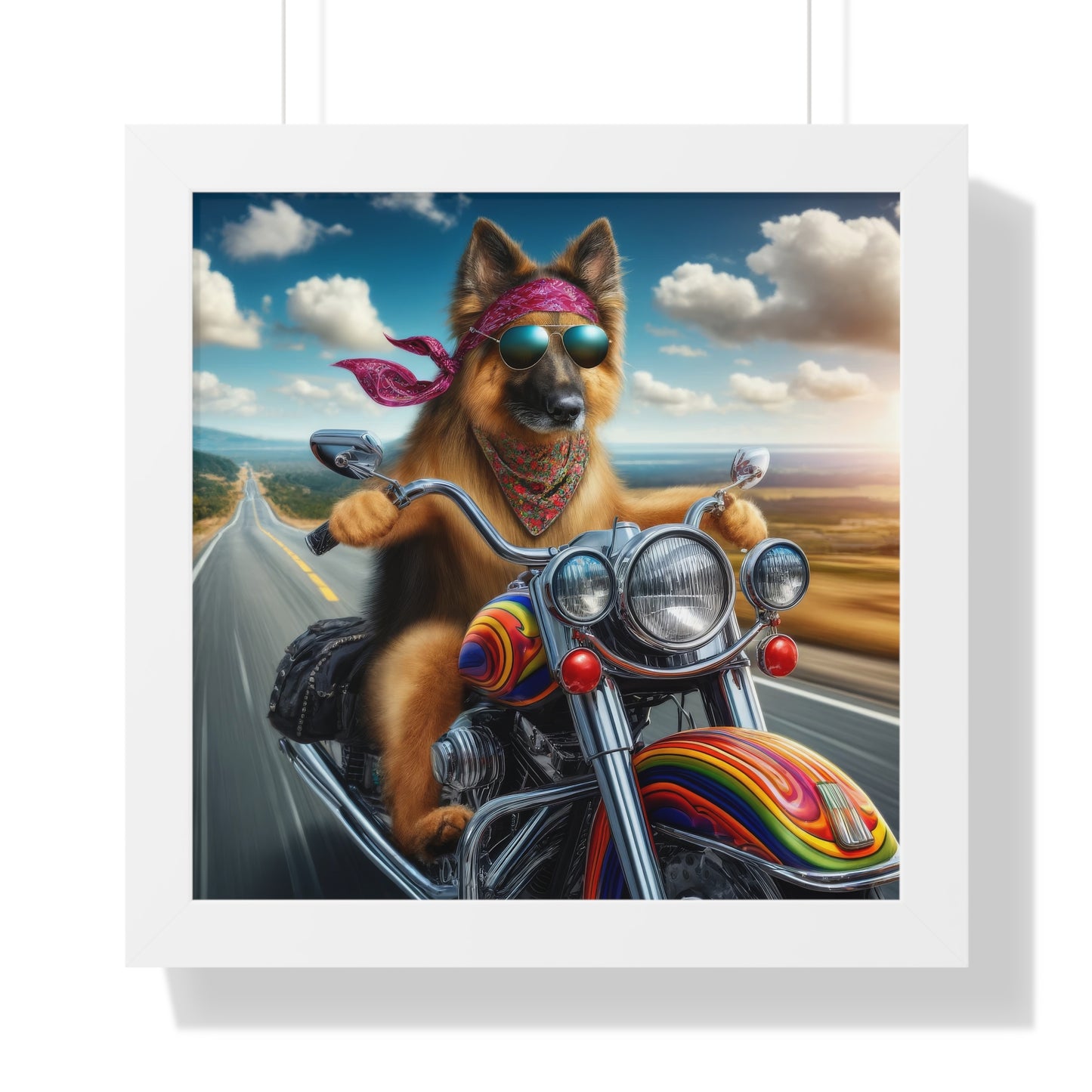 German Shepherd Riding a Motorcycle Framed Poster Painting 16x16