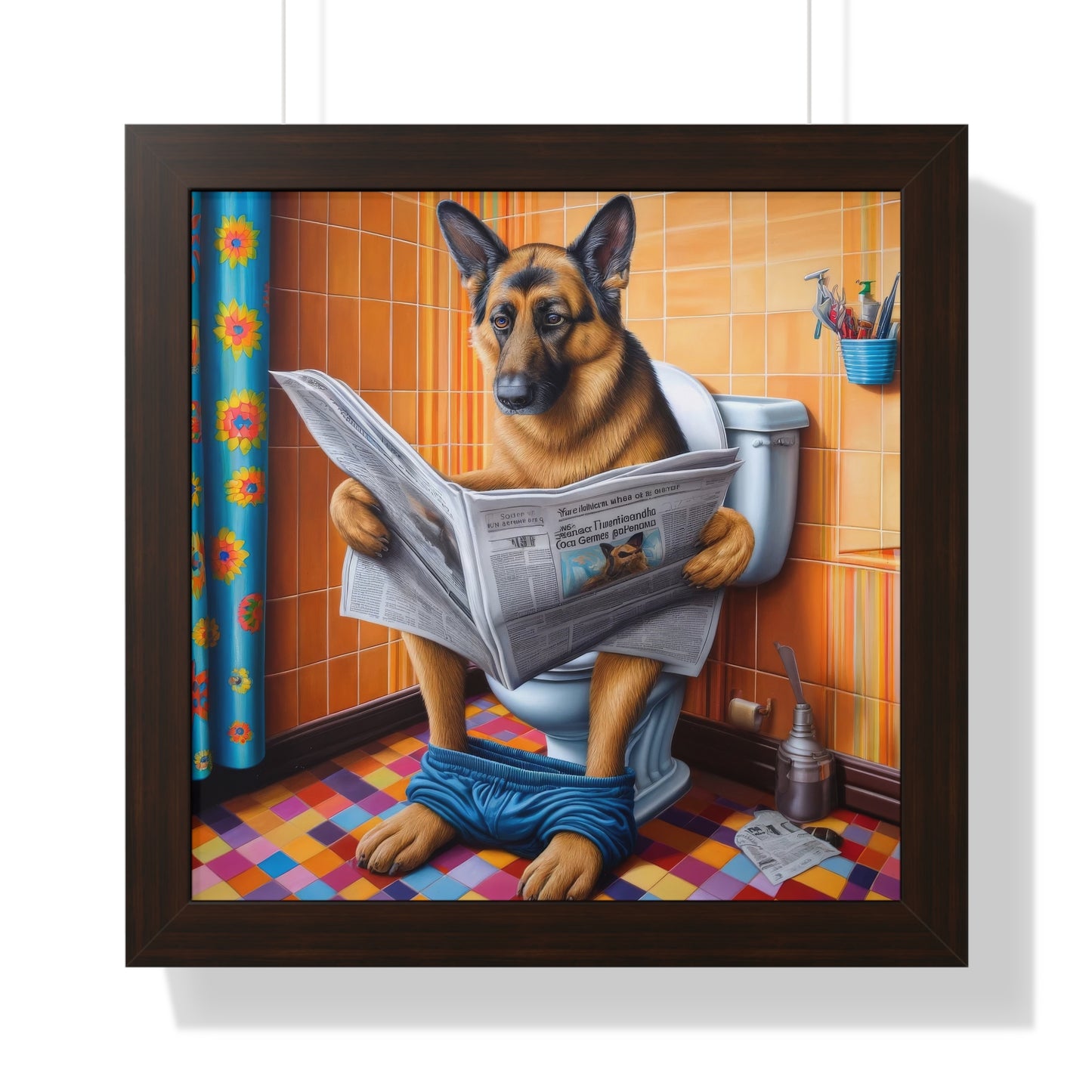 German Shepherd Using a Toilet Framed Poster Painting 16x16