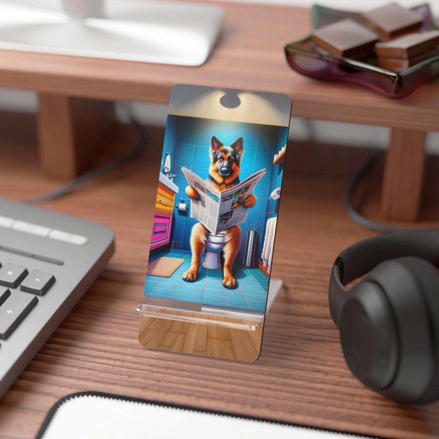 German Shepherd Using a Toilet Smartphone Stand