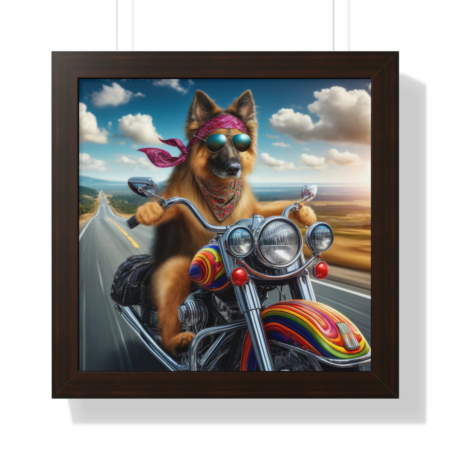 German Shepherd Riding a Motorcycle Framed Poster Painting 16x16