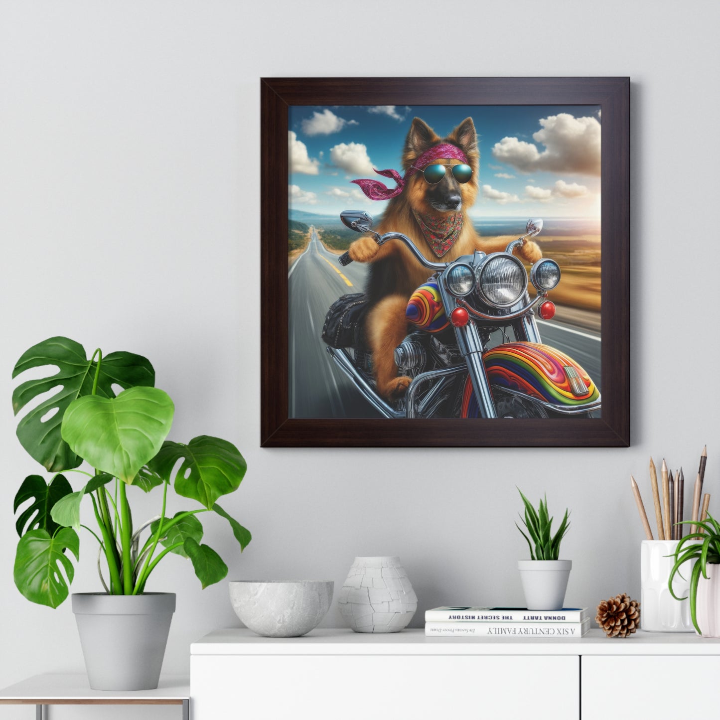 German Shepherd Riding a Motorcycle Framed Poster Painting 16x16