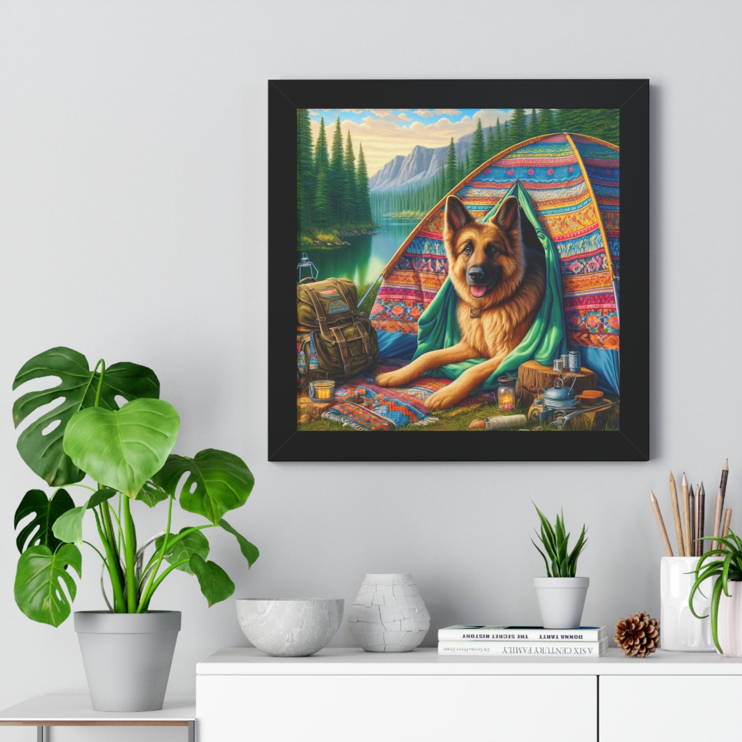 German Shepherd Camping  Framed Poster Painting 16x16