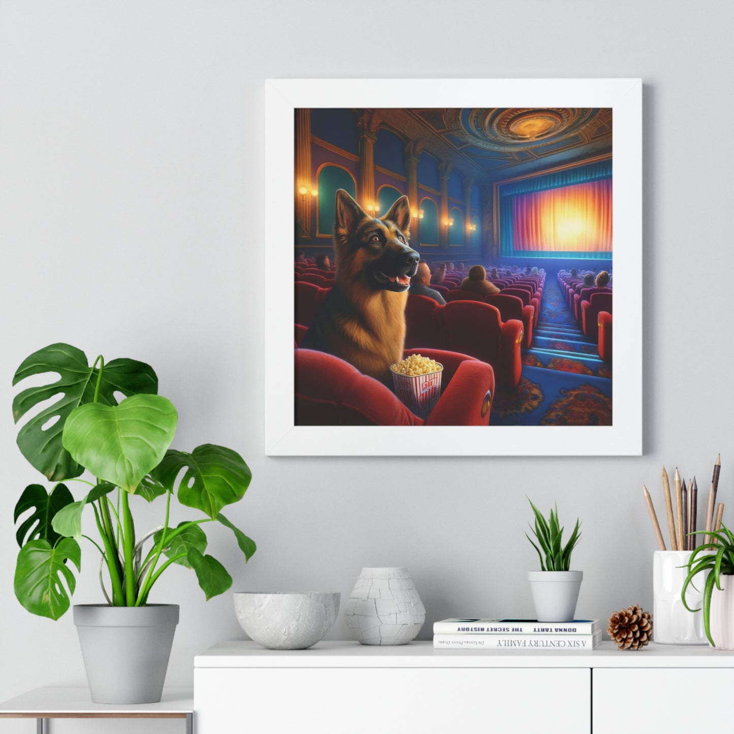 German Shepherd In a Theater Framed Poster Painting 16x16