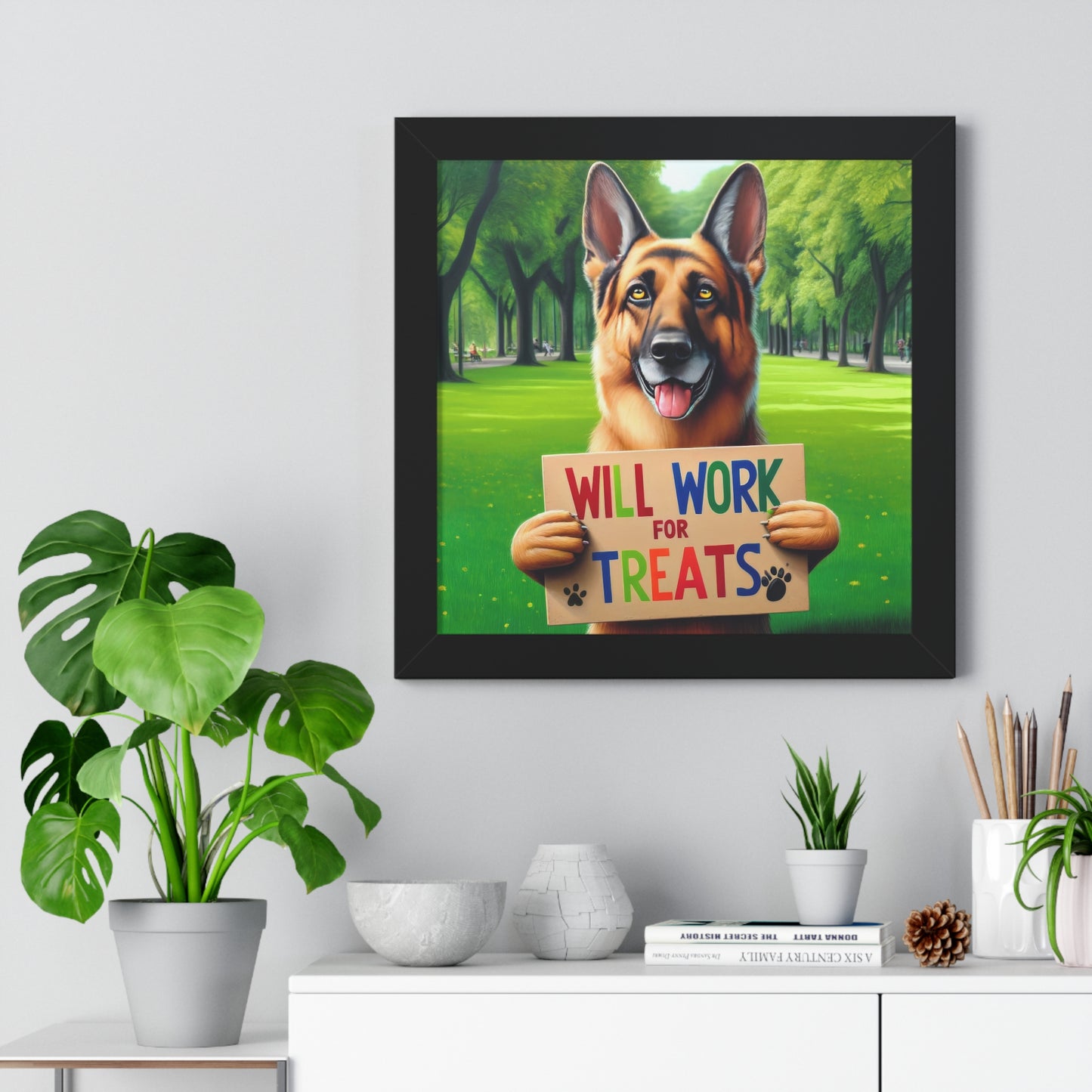 German Shepherd Begging Framed Poster Painting 16x16