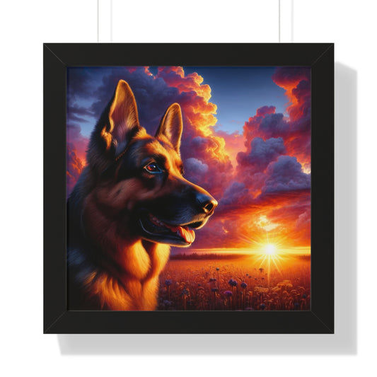 German Shepherd Watching a sunset Framed Poster Painting 16x16