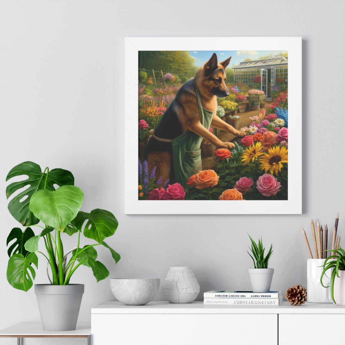 German Shepherd Gardening Framed Poster Painting 16x16