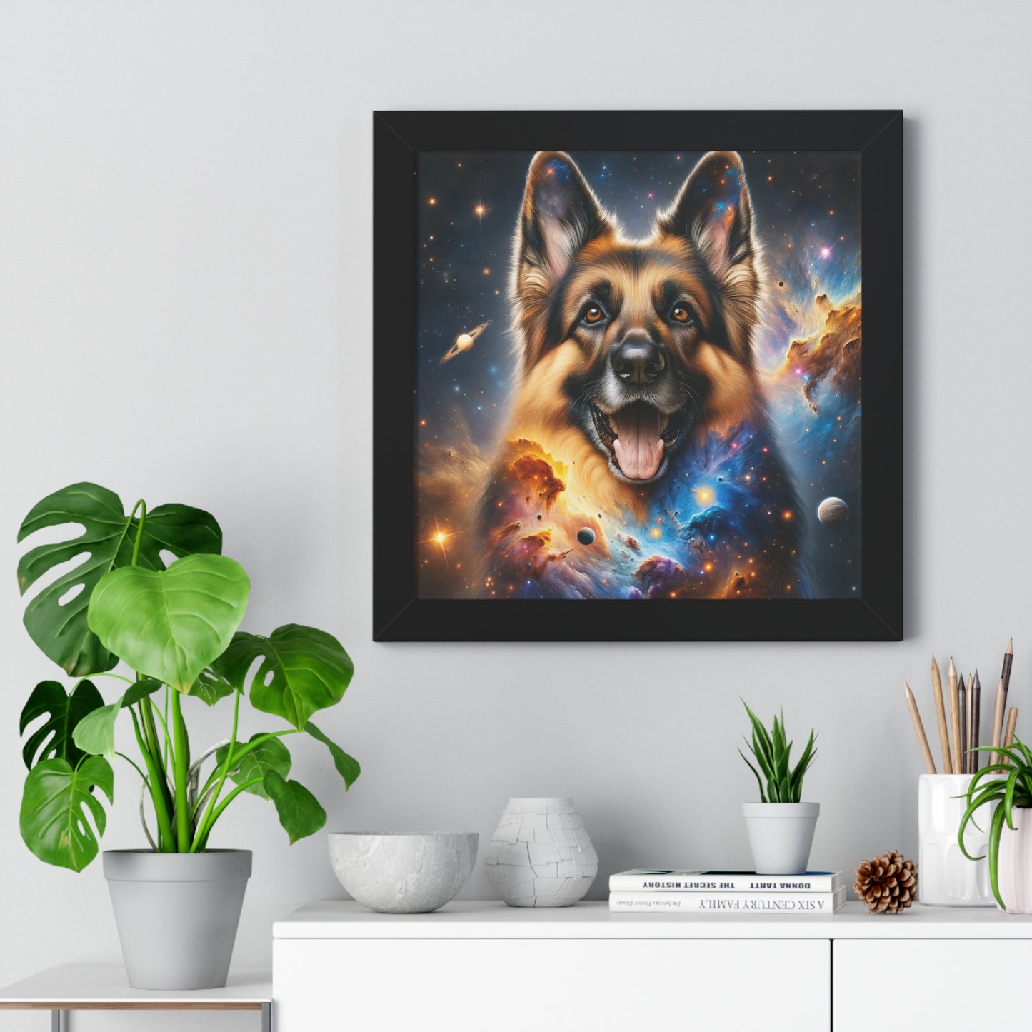 German Shepherd in Space Framed Poster Painting 16x16