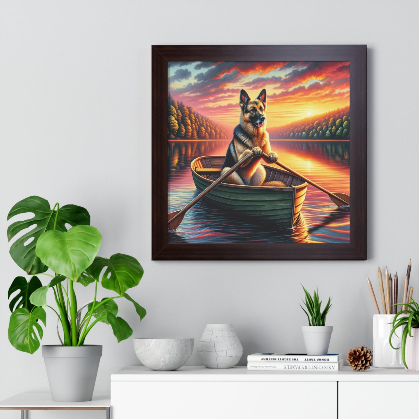 German Shepherd Rowing a boat Framed Poster Painting 16x16