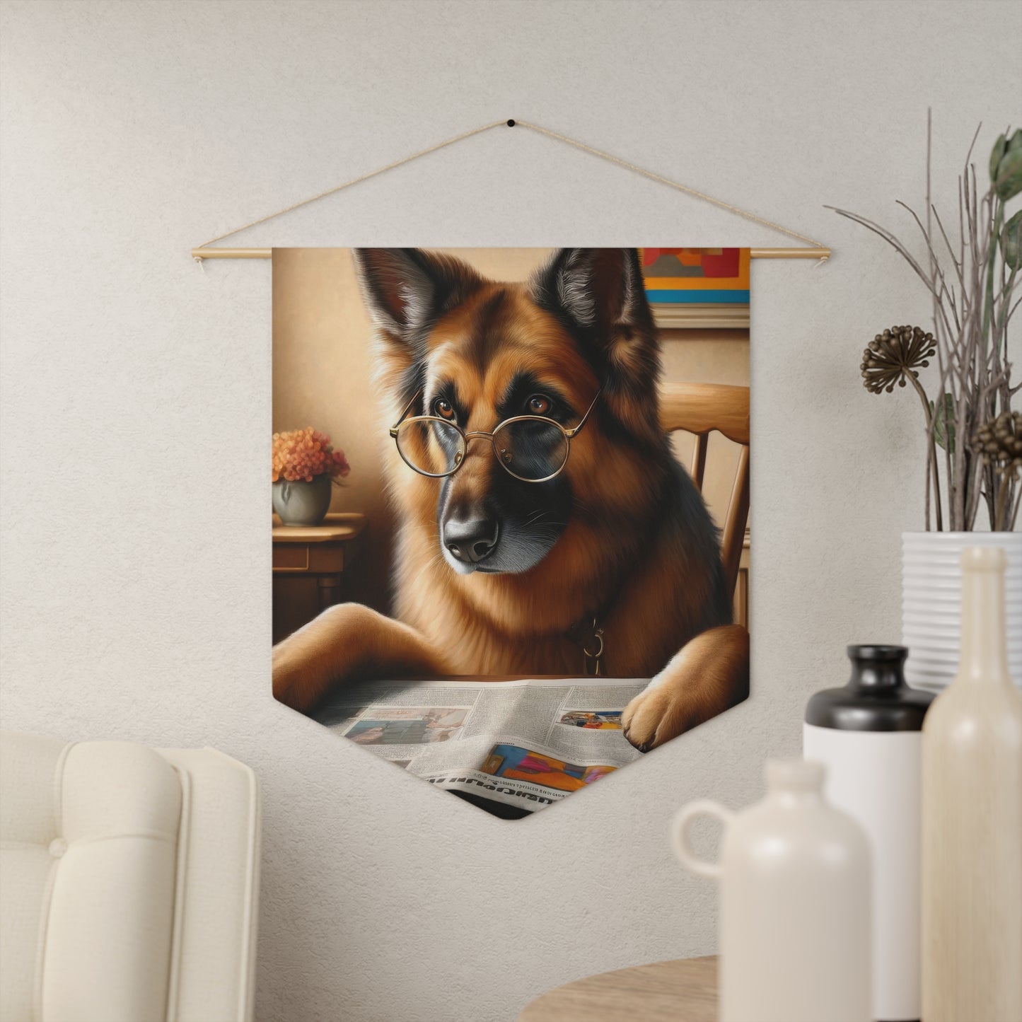 German Shepherd Reading a Newspaper Pennant