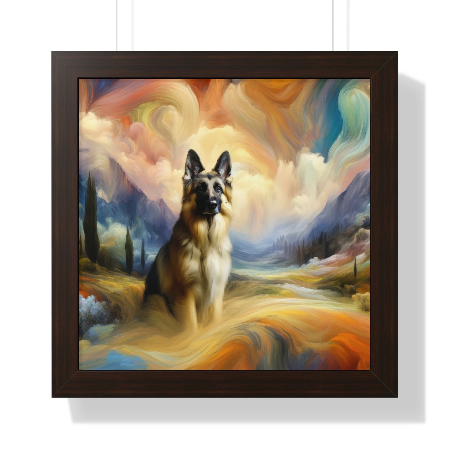 German Shepherd in an impressionist and surreal landscape Framed Poster Painting 16x16