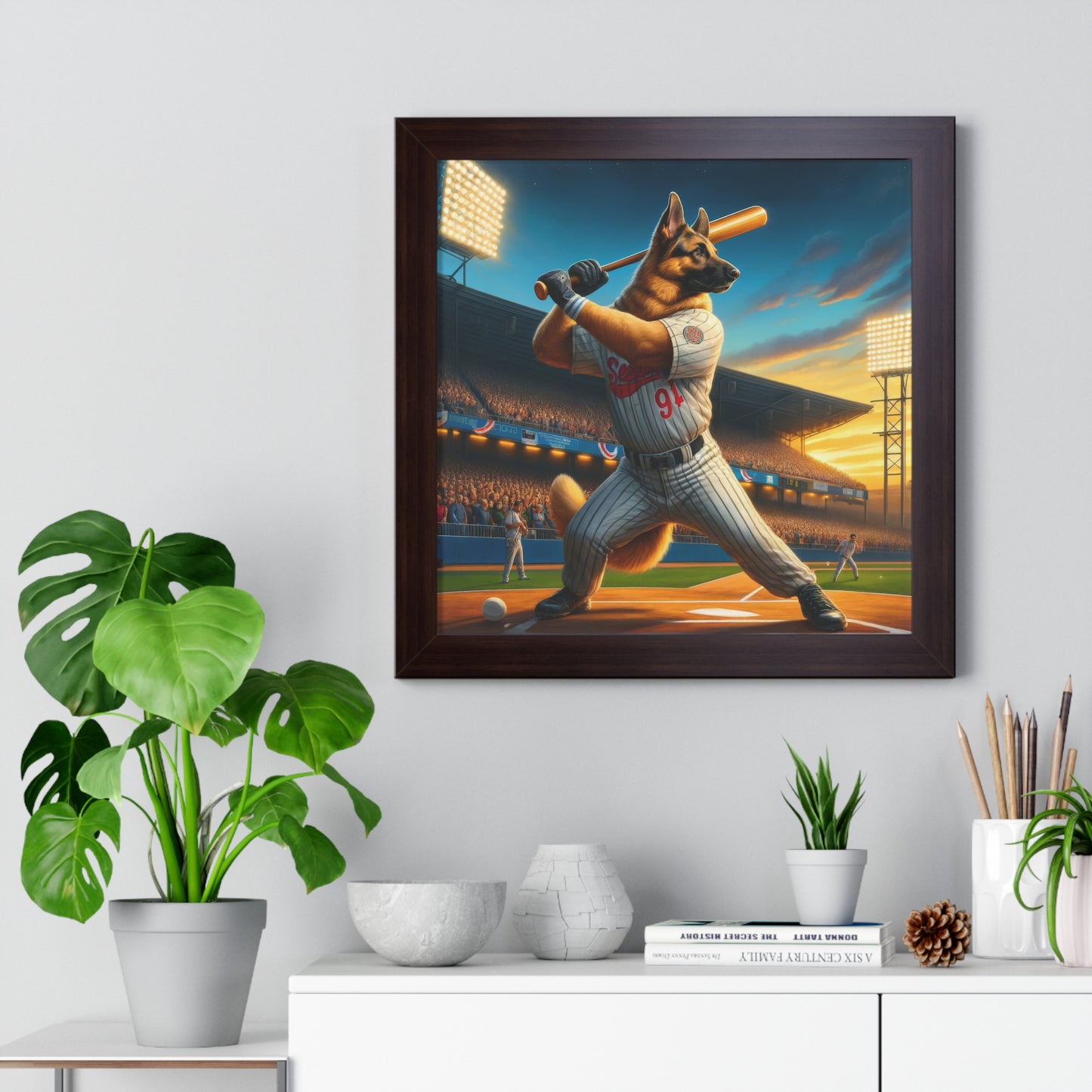 German Shepherd Playing Baseball Framed Poster Painting 16x16