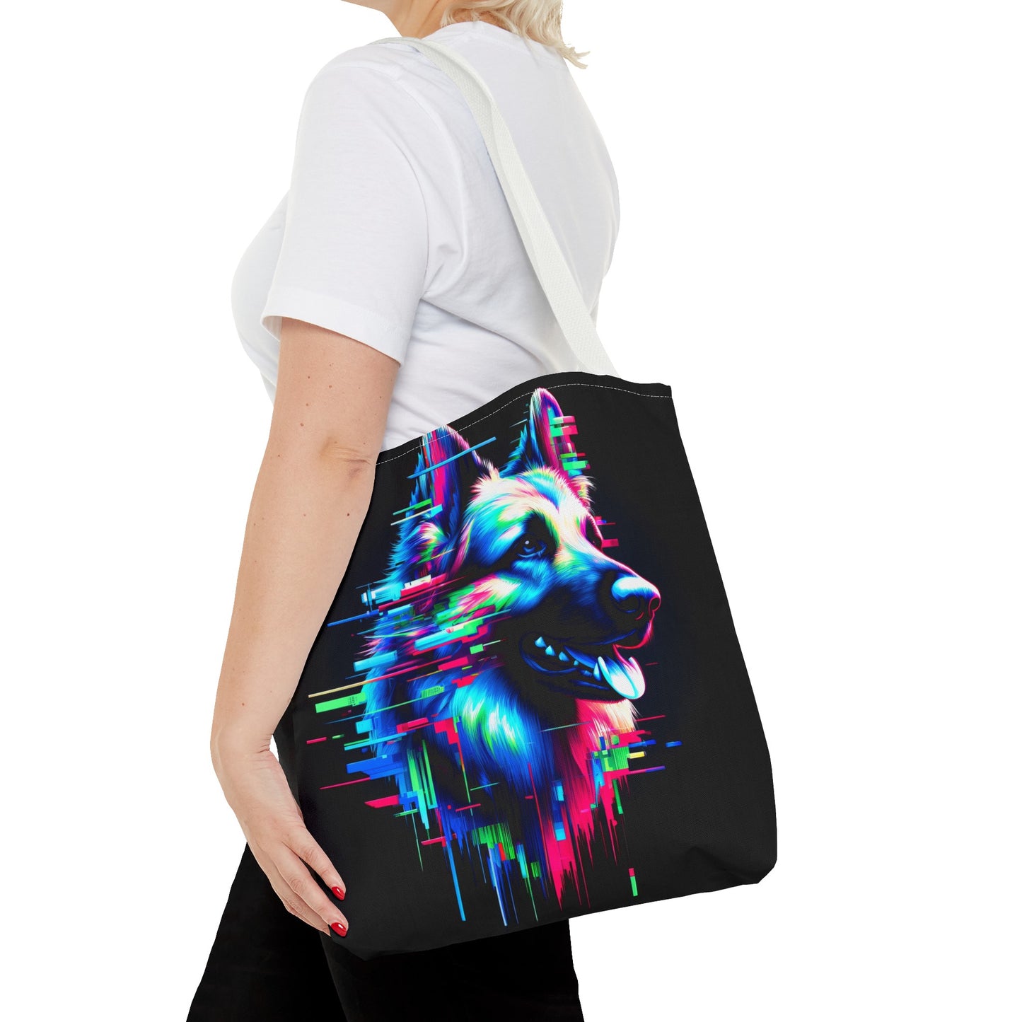 Glitch art and neon graffiti German Shepherd Tote Bag