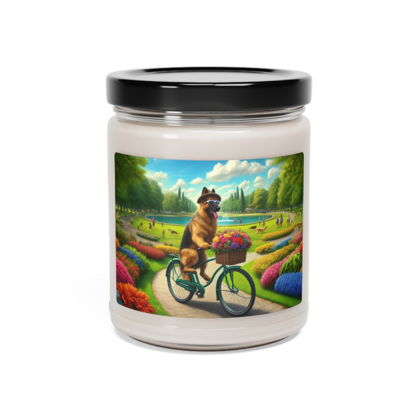 German Shepherd Riding a Bicycle Scented Soy Candle, 9oz