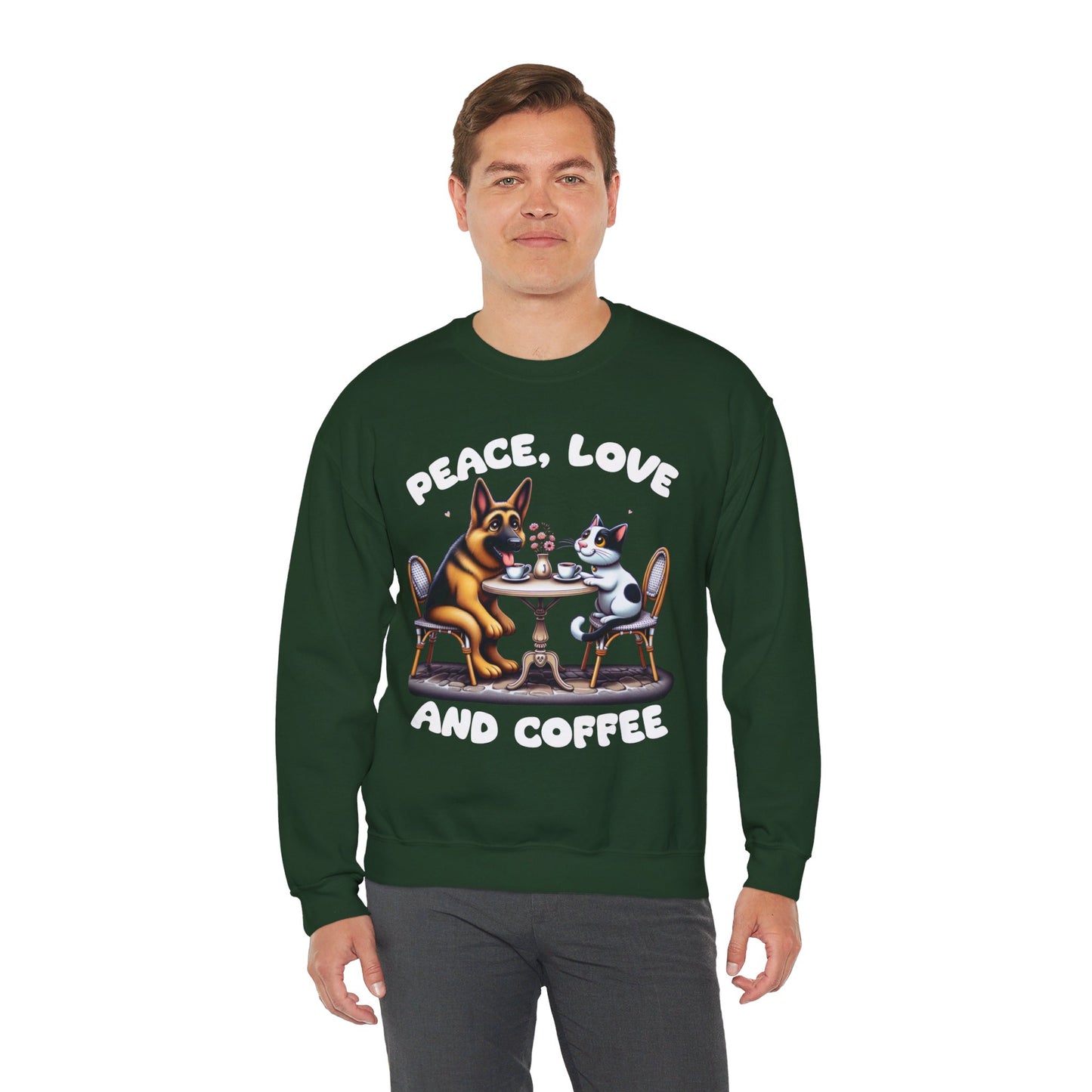 Peace, Love, and Coffee Sweatshirt (10 colors) (German Shepherd)