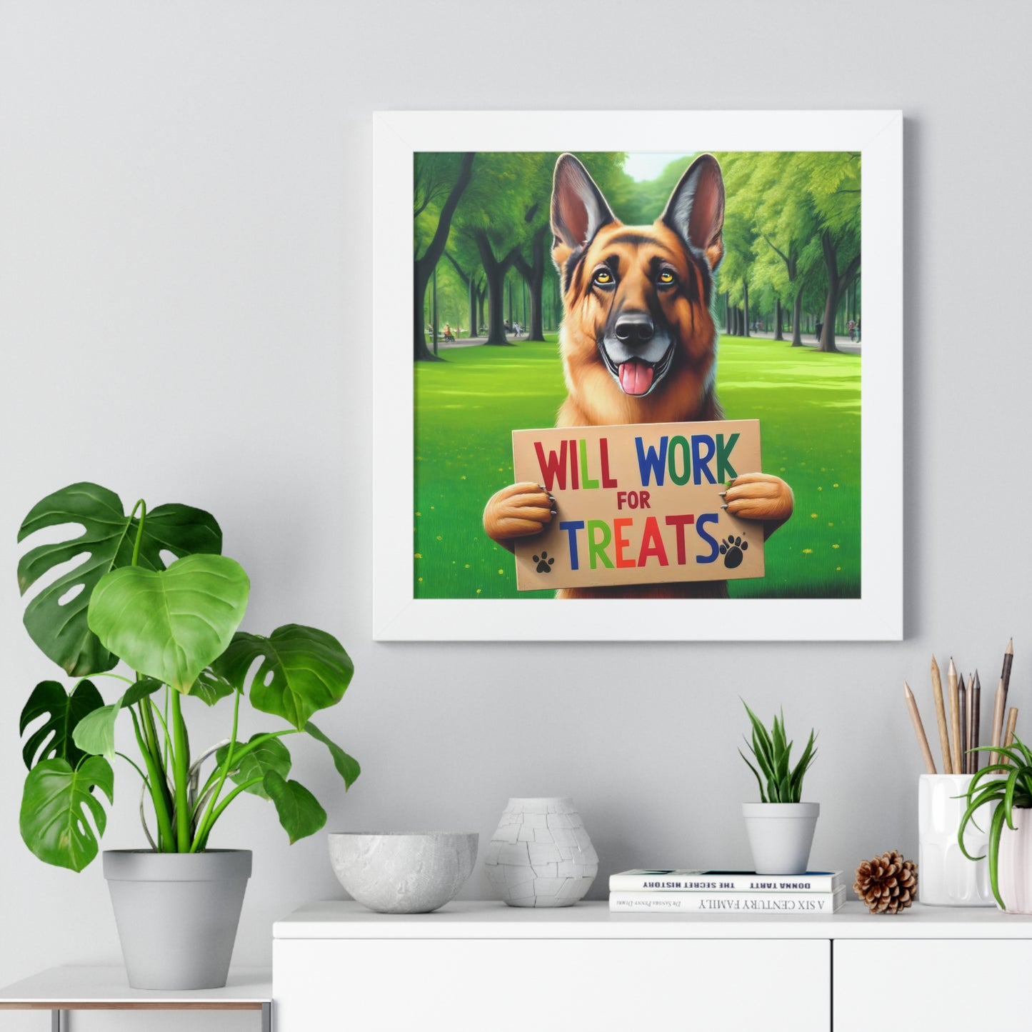 German Shepherd Begging Framed Poster Painting 16x16