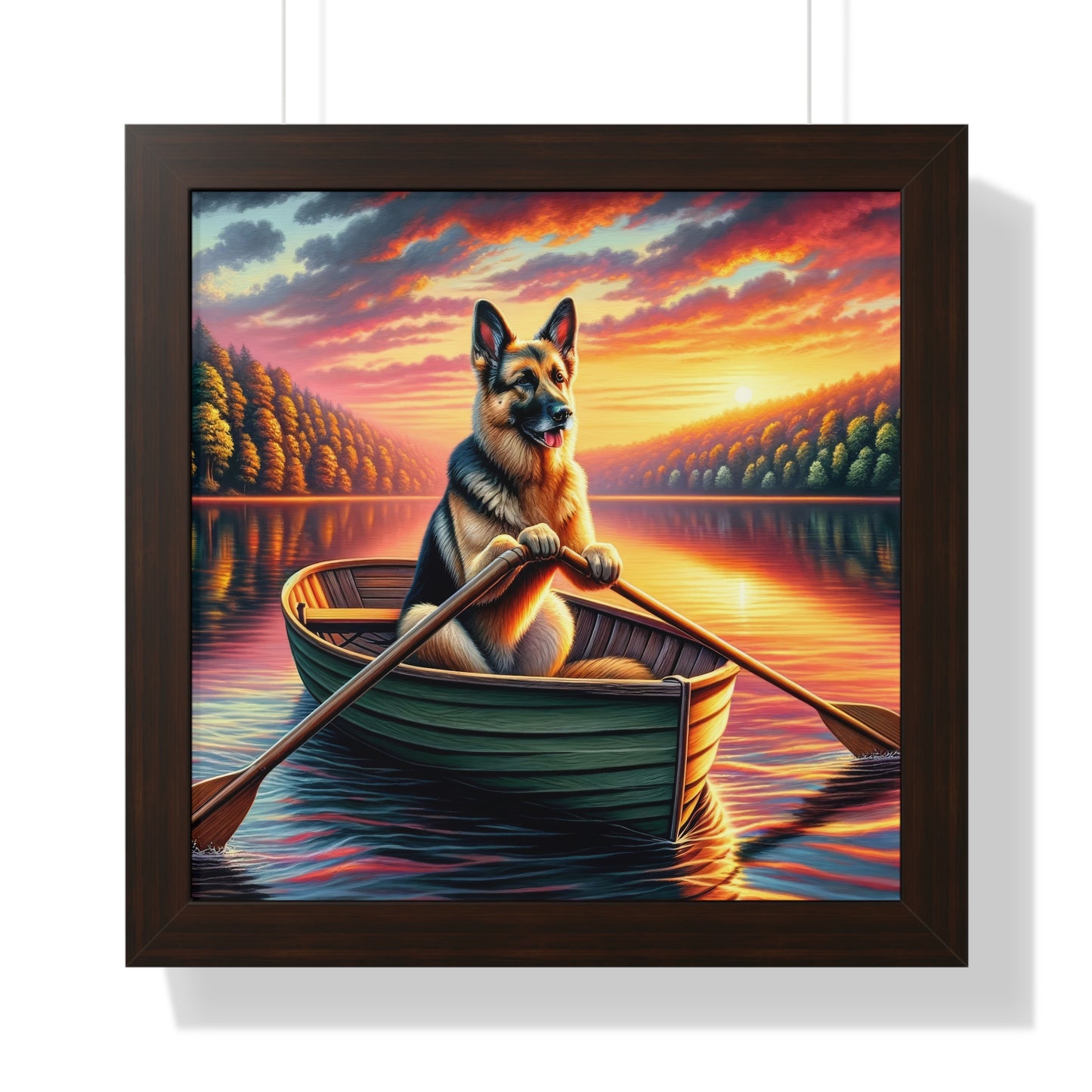 German Shepherd Rowing a boat Framed Poster Painting 16x16