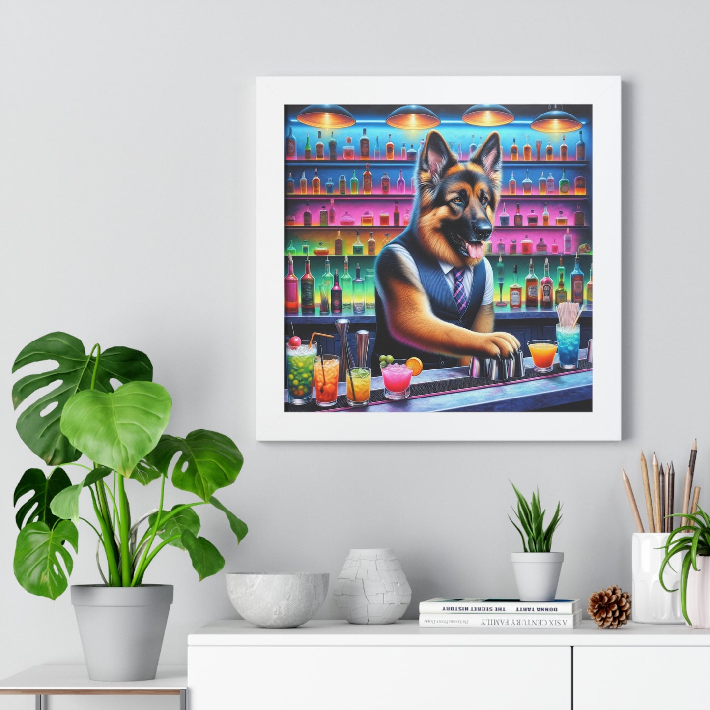 German Shepherd Tending a Bar Framed Poster Painting 16x16