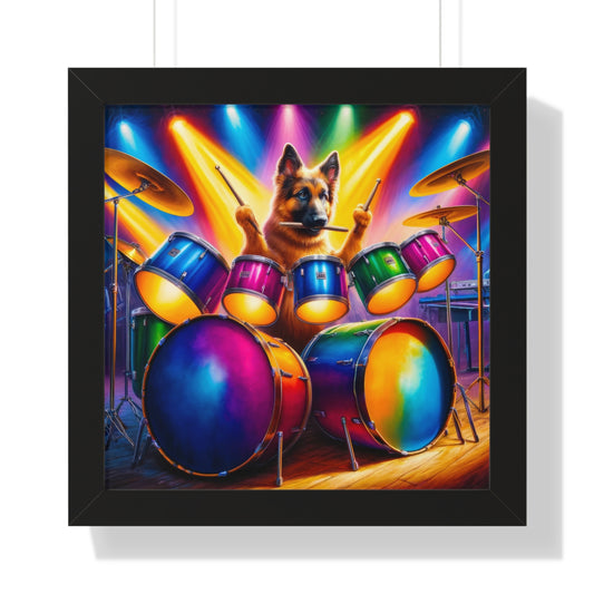 German Shepherd Playing Drums Framed Poster Painting 16x16