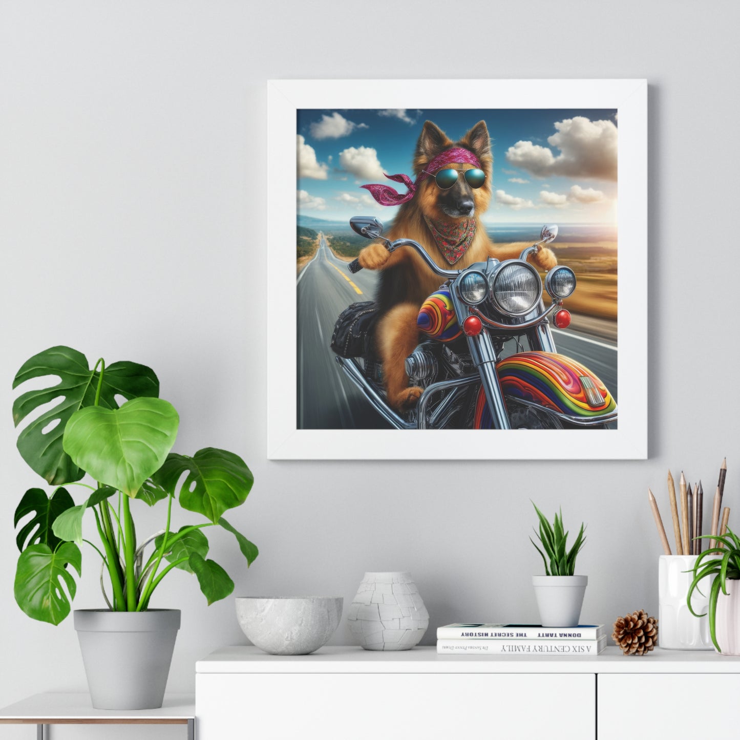 German Shepherd Riding a Motorcycle Framed Poster Painting 16x16