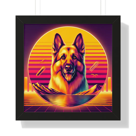 Vaporwave and golden hour German Shepherd Framed Poster Painting 16x16