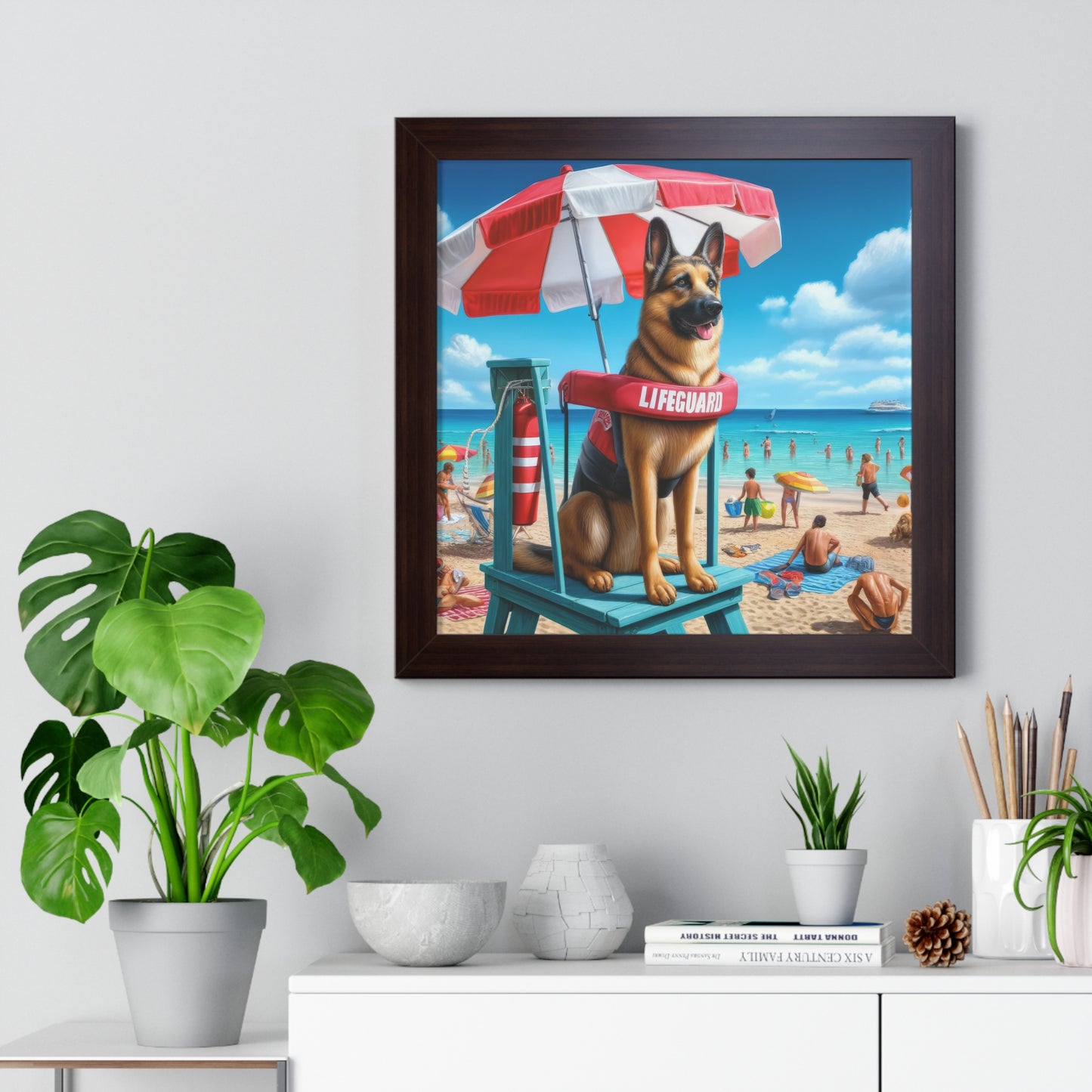 German Shepherd Lifeguard Framed Poster Painting 16x16