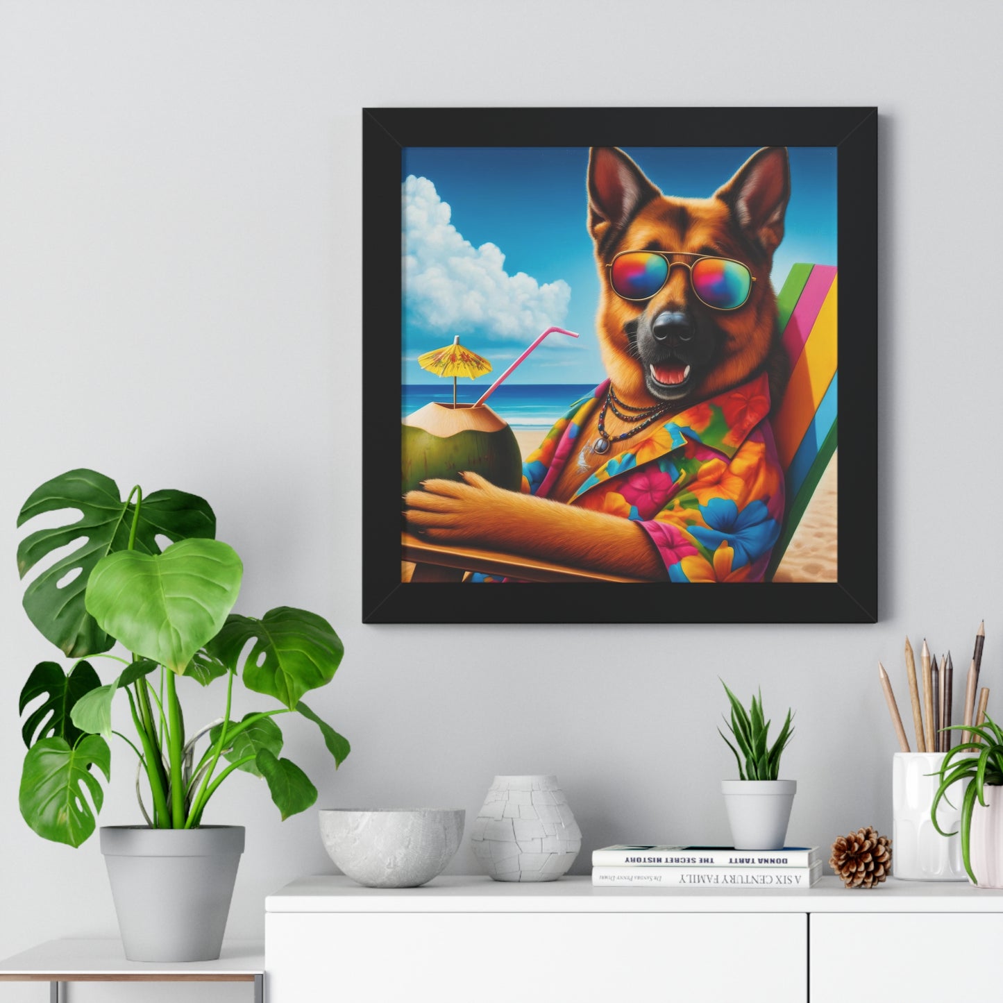 German Shepherd Vacation Framed Poster Painting 16x16