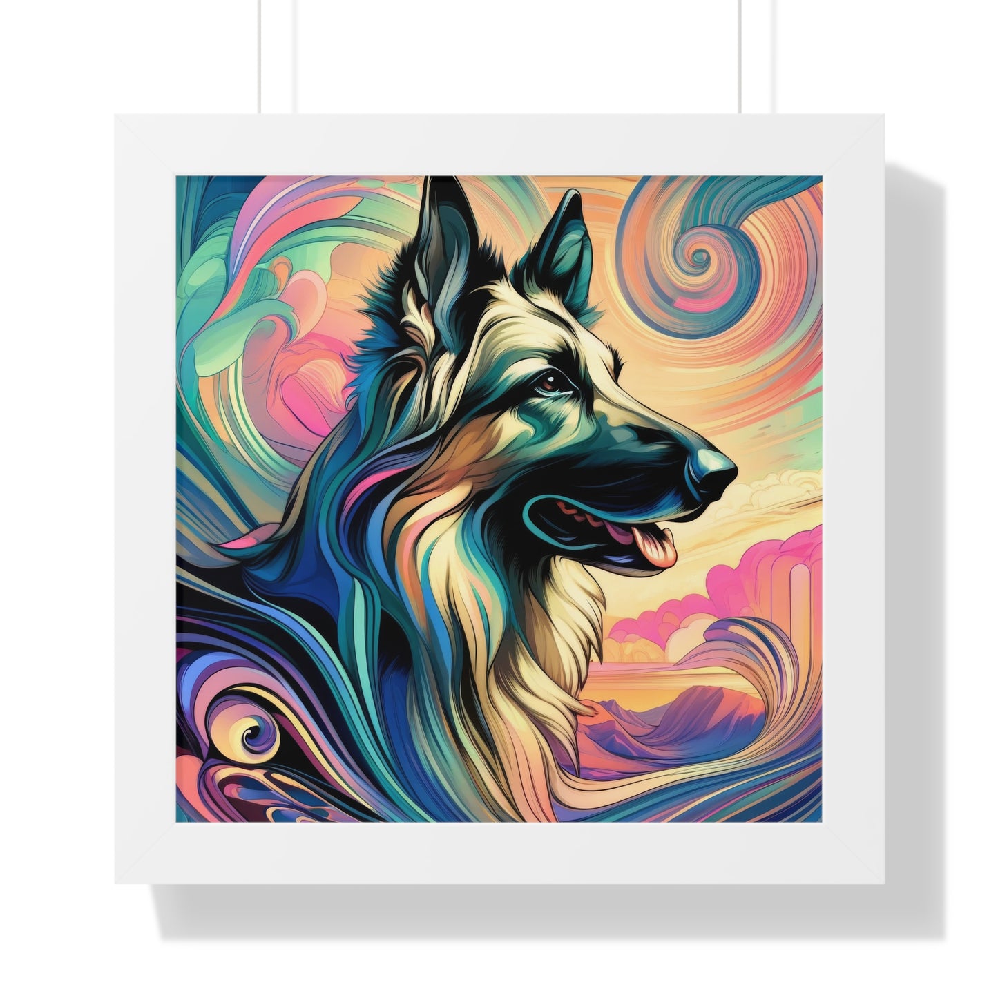 Art nouveau and vaporwave German Shepherd Framed Poster Painting 16x16