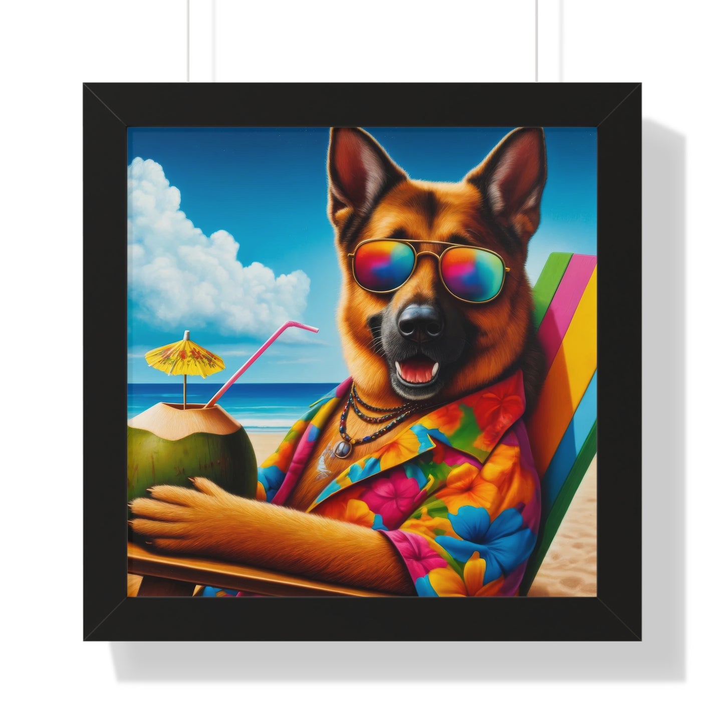 German Shepherd Vacation Framed Poster Painting 16x16