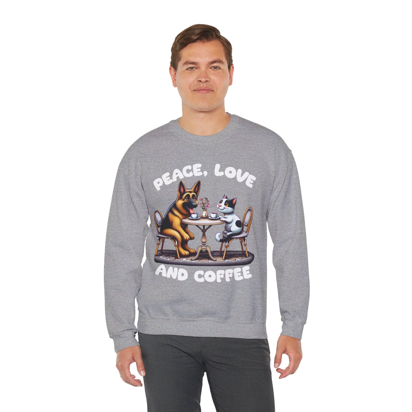 Peace, Love, and Coffee Sweatshirt (10 colors) (German Shepherd)