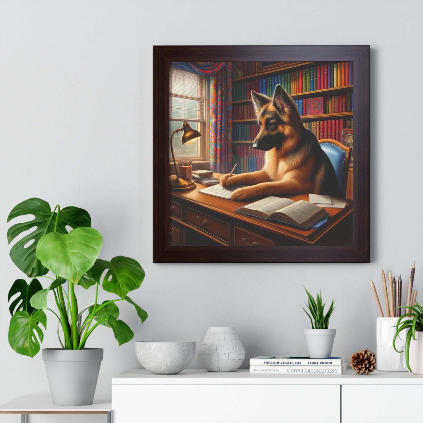 German Shepherd Writing a book Framed Poster Painting 16x16