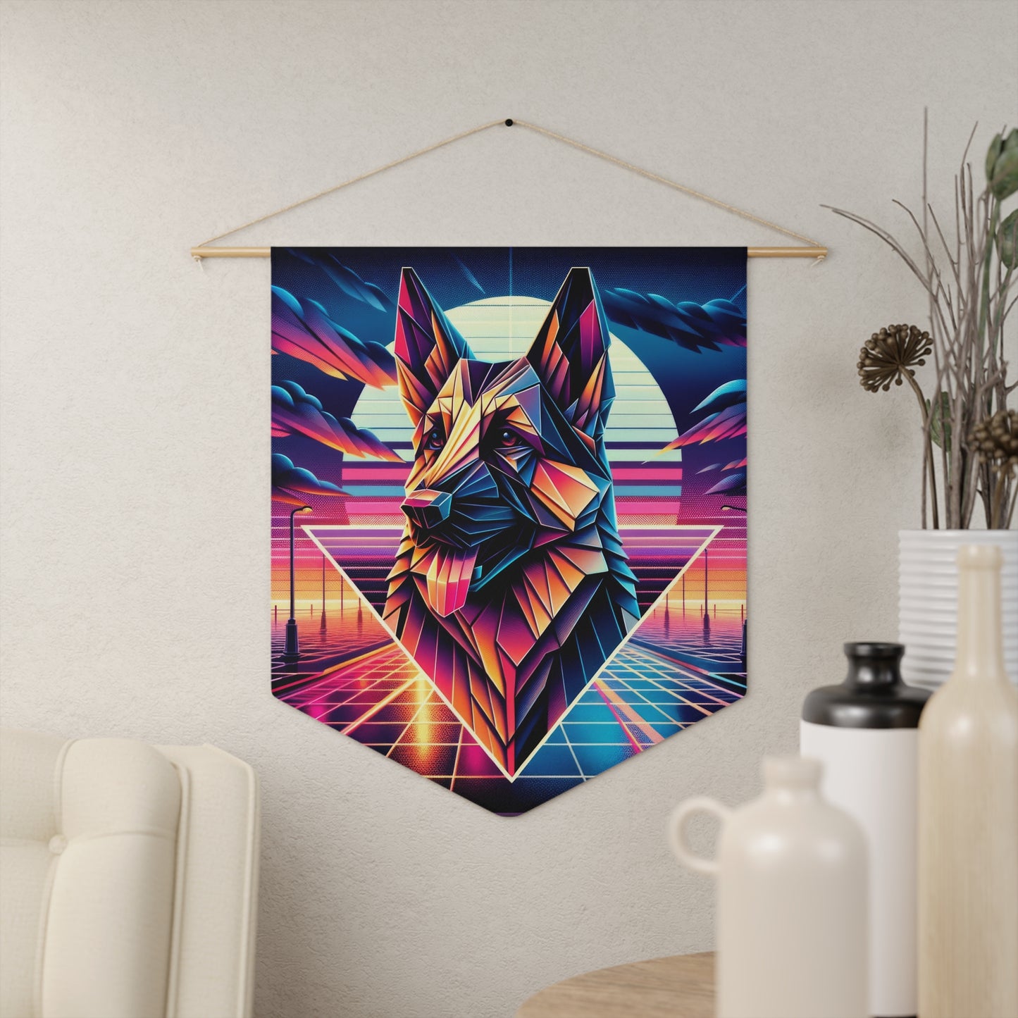 Origami and polyart German Shepherd Pennant