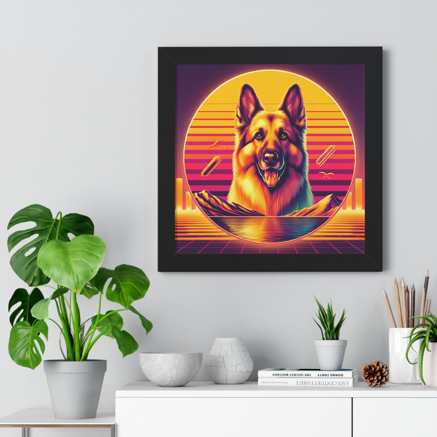 Vaporwave and golden hour German Shepherd Framed Poster Painting 16x16