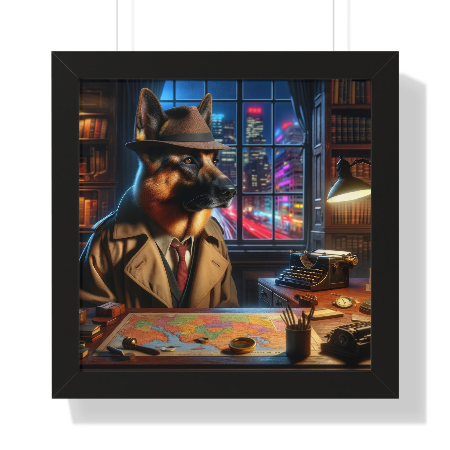 German Shepherd Detective Framed Poster Painting 16x16