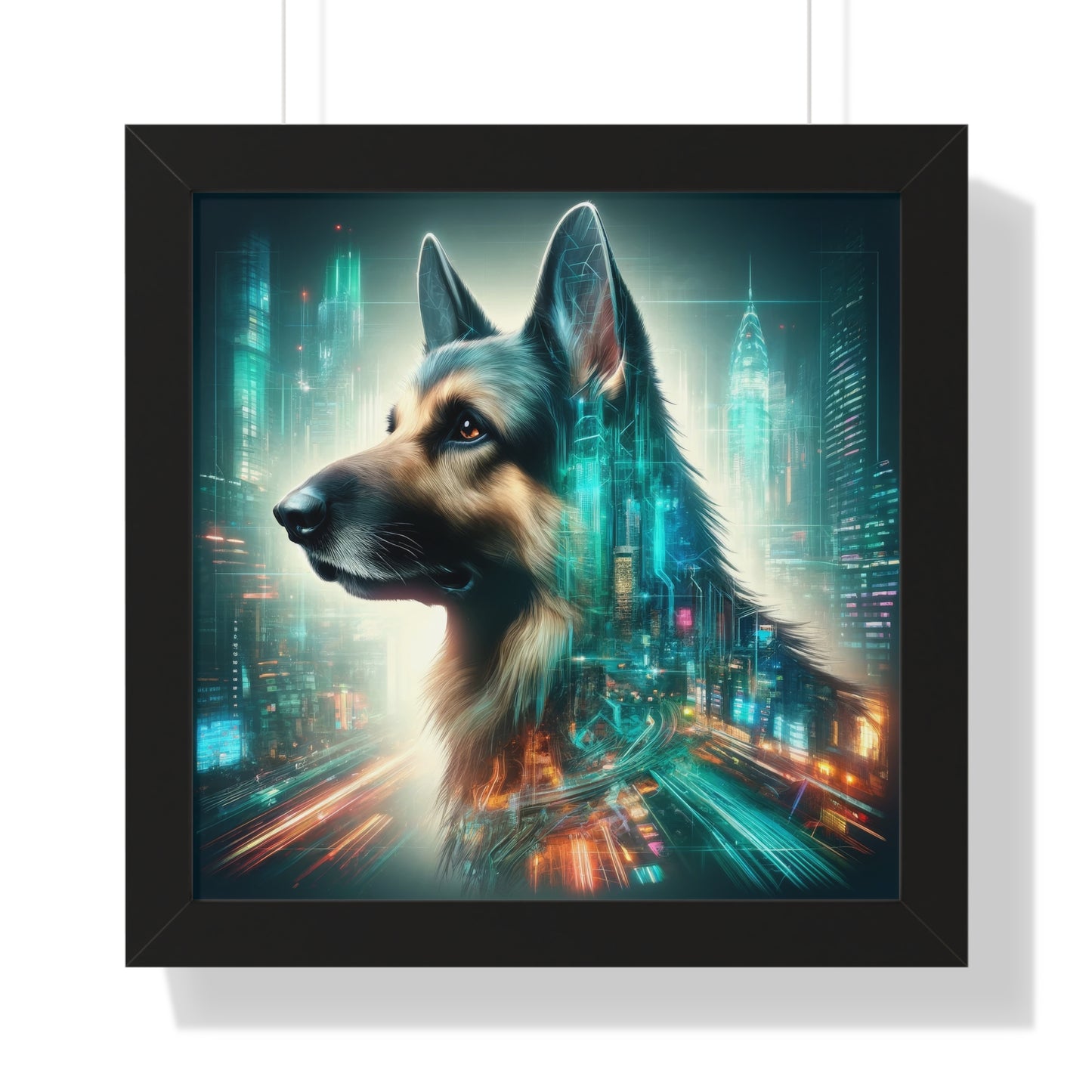 Cyberpunk German Shepherd Framed Poster Painting 16x16