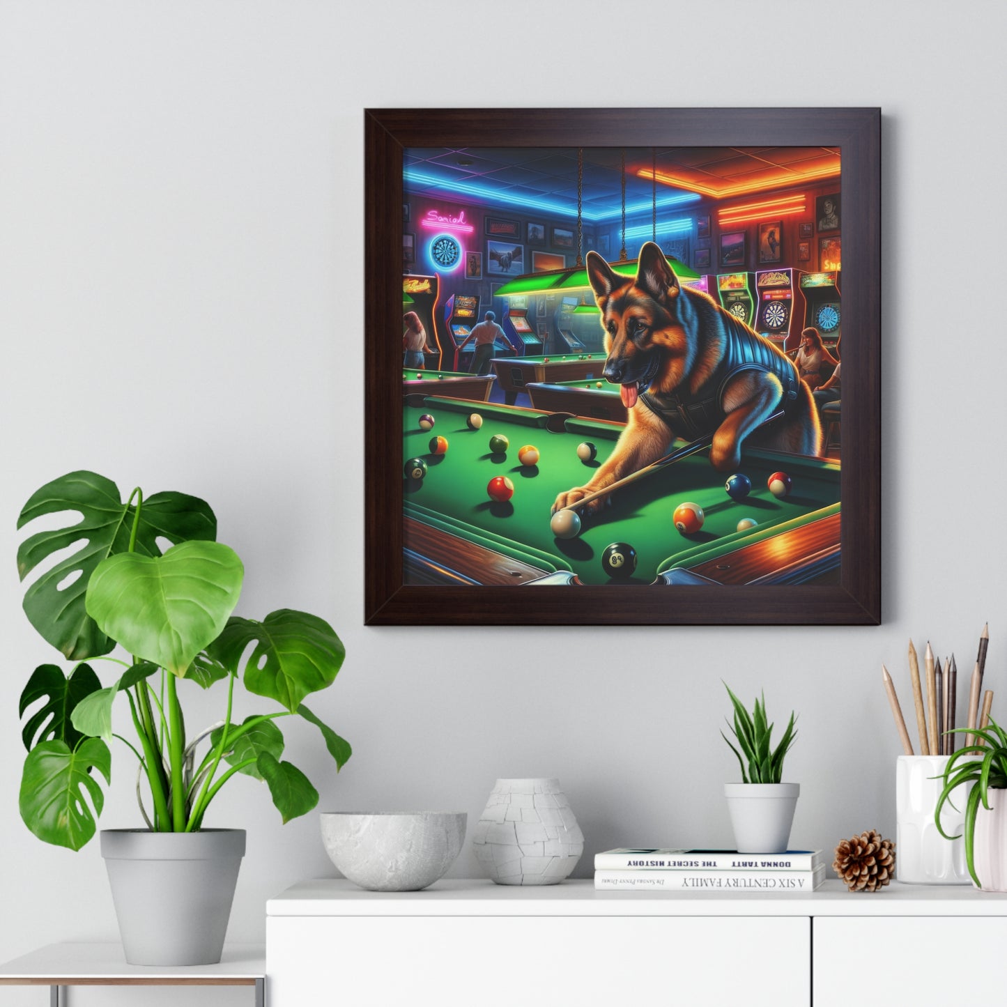 German Shepherd Playing Pool Framed Poster Painting 16x16