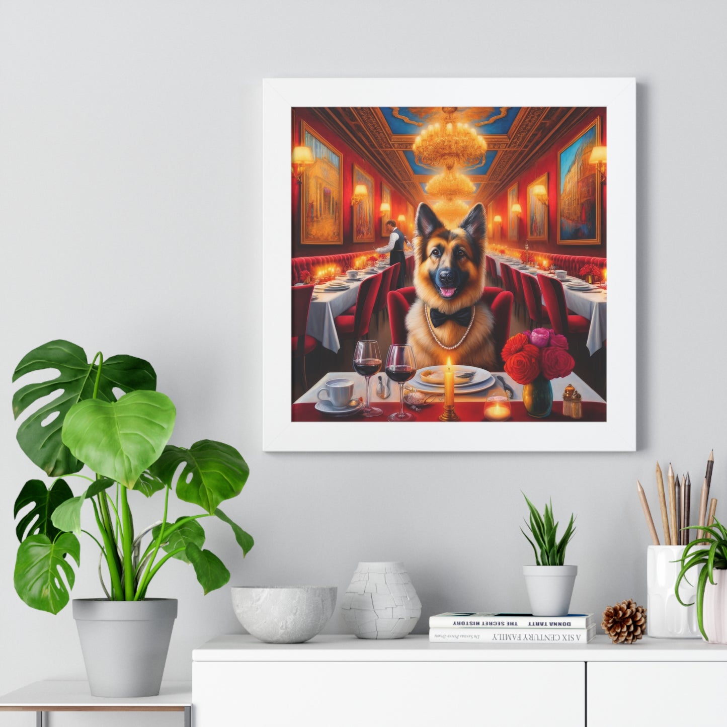 German Shepherd Eating at Restaurant Framed Poster Painting 16x16