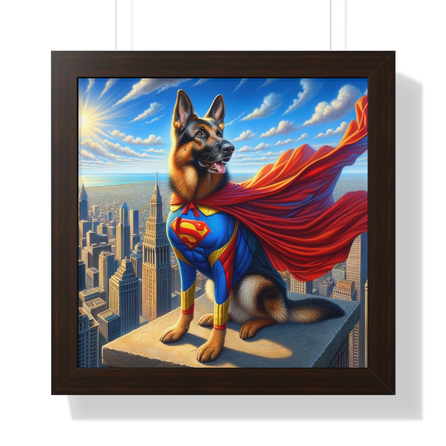 German Shepherd Superhero Framed Poster Painting 16x16