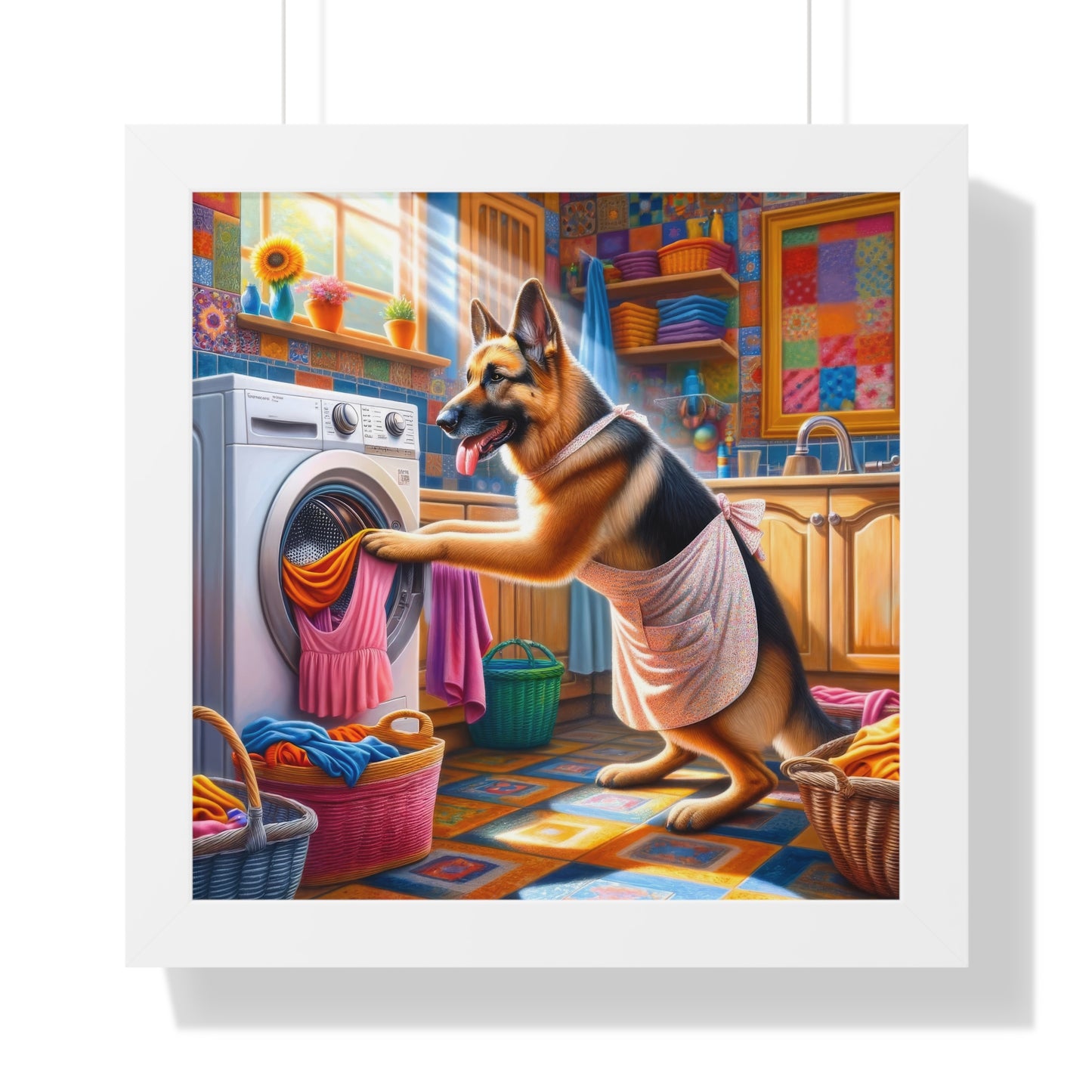 German Shepherd Doing Laundry Framed Poster Painting 16x16