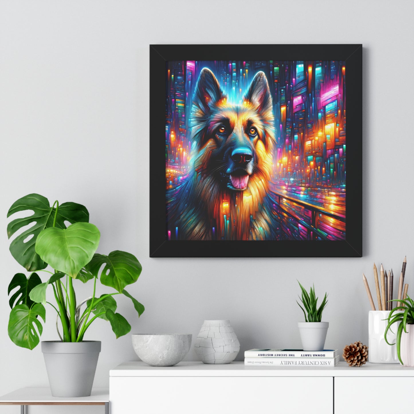 Neon light German Shepherd Framed Poster Painting 16x16