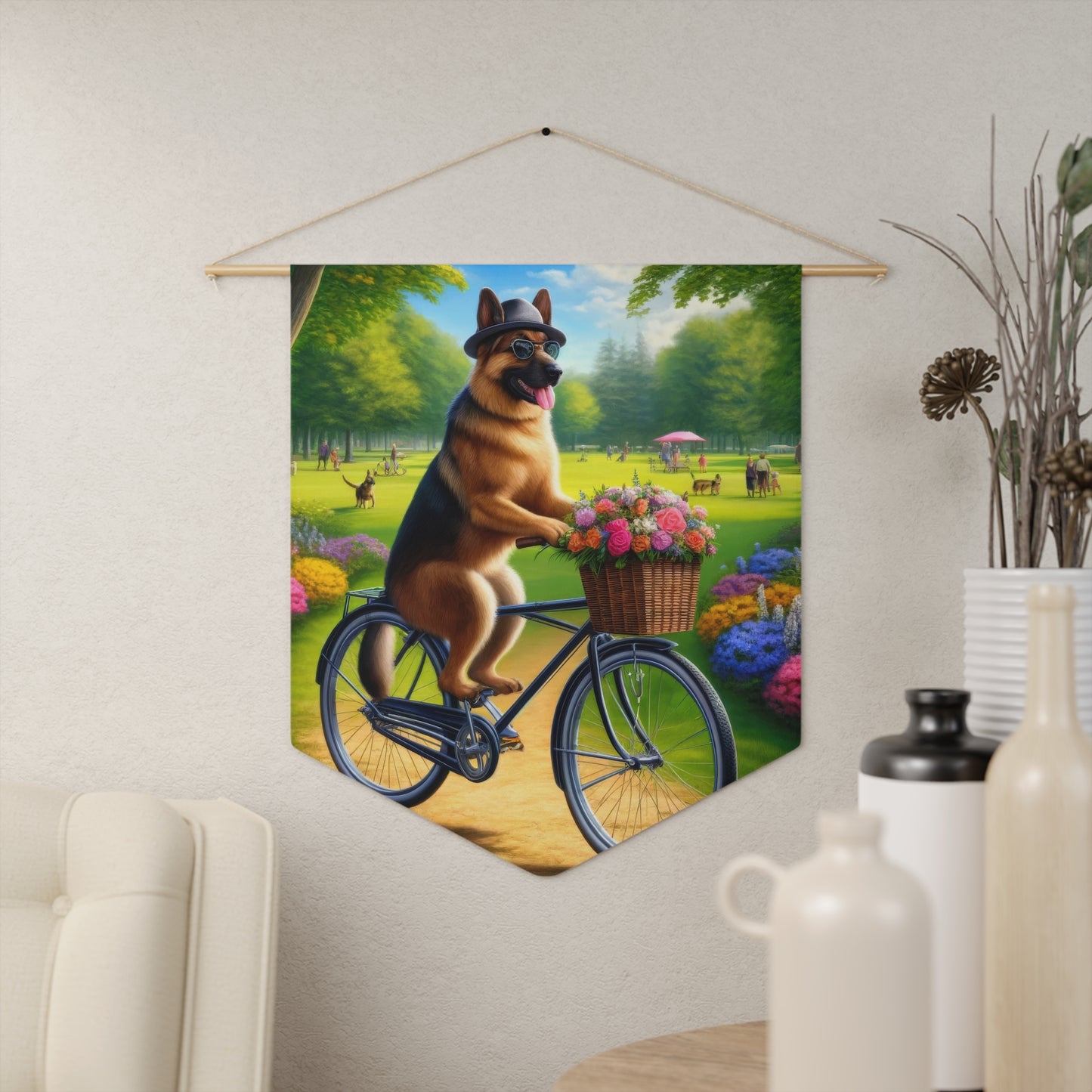 German Shepherd Riding a Bicycle Pennant