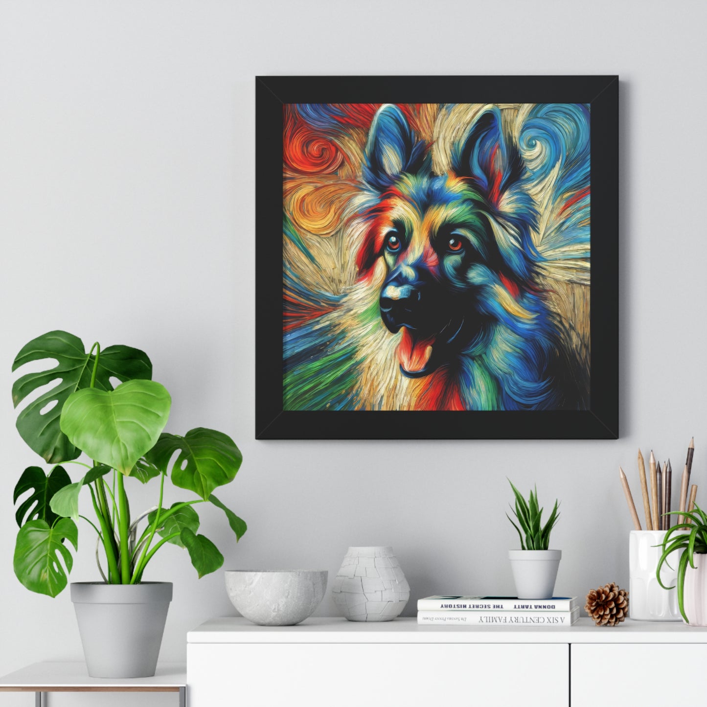 Fauvism scratchboard technique German Shepherd Framed Poster Painting 16x16