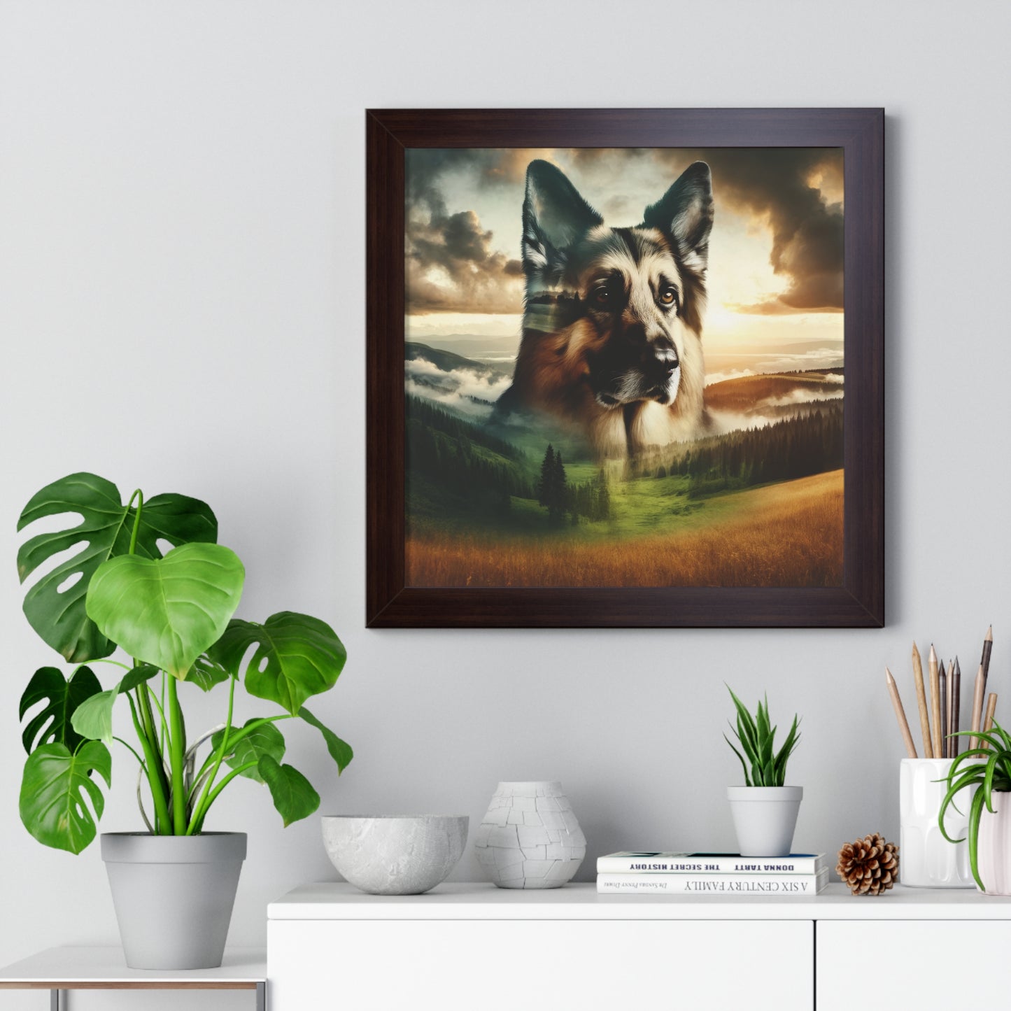 Romanticism and double exposure German Shepherd Framed Poster Painting 16x16