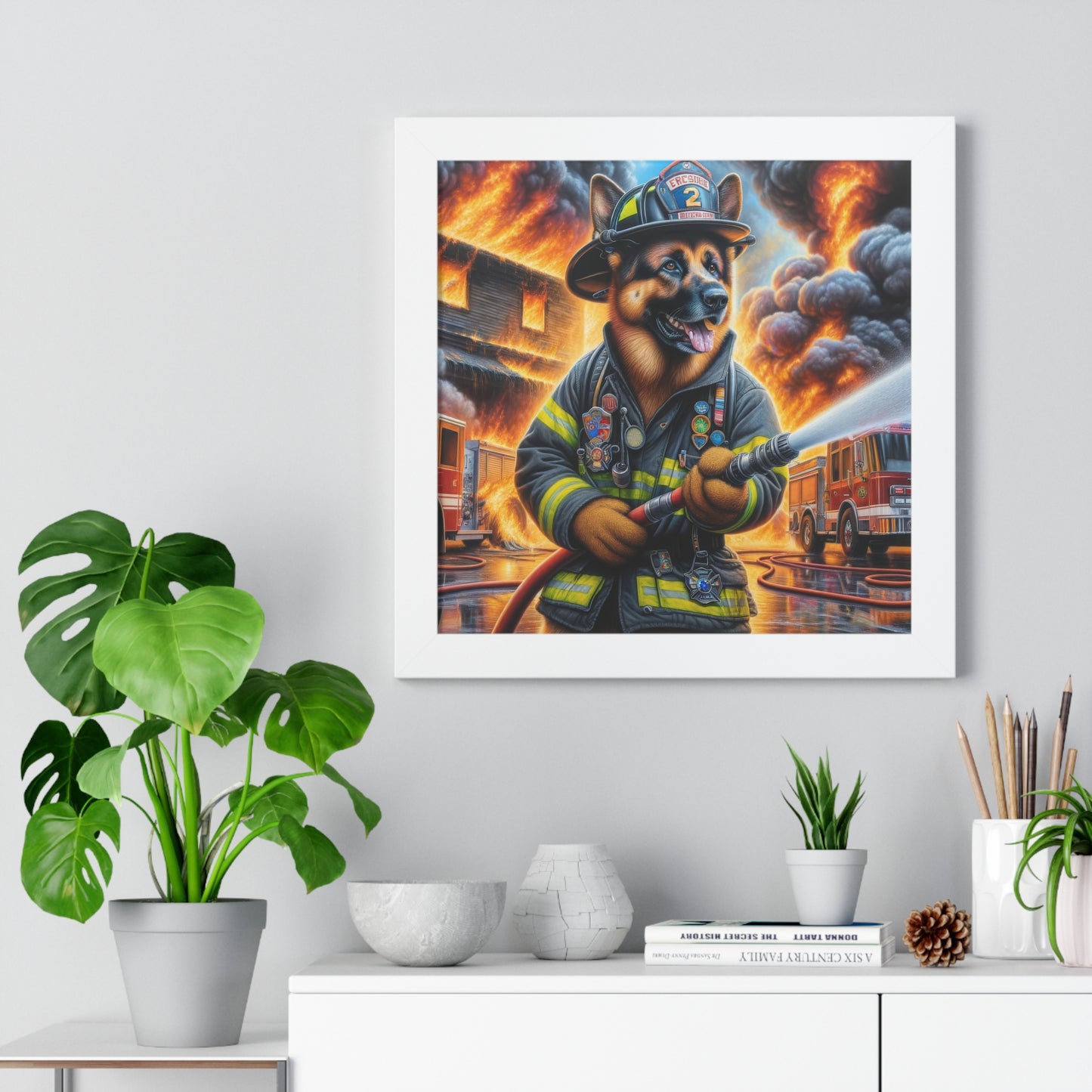 German Shepherd Fire Fighter Framed Poster Painting 16x16