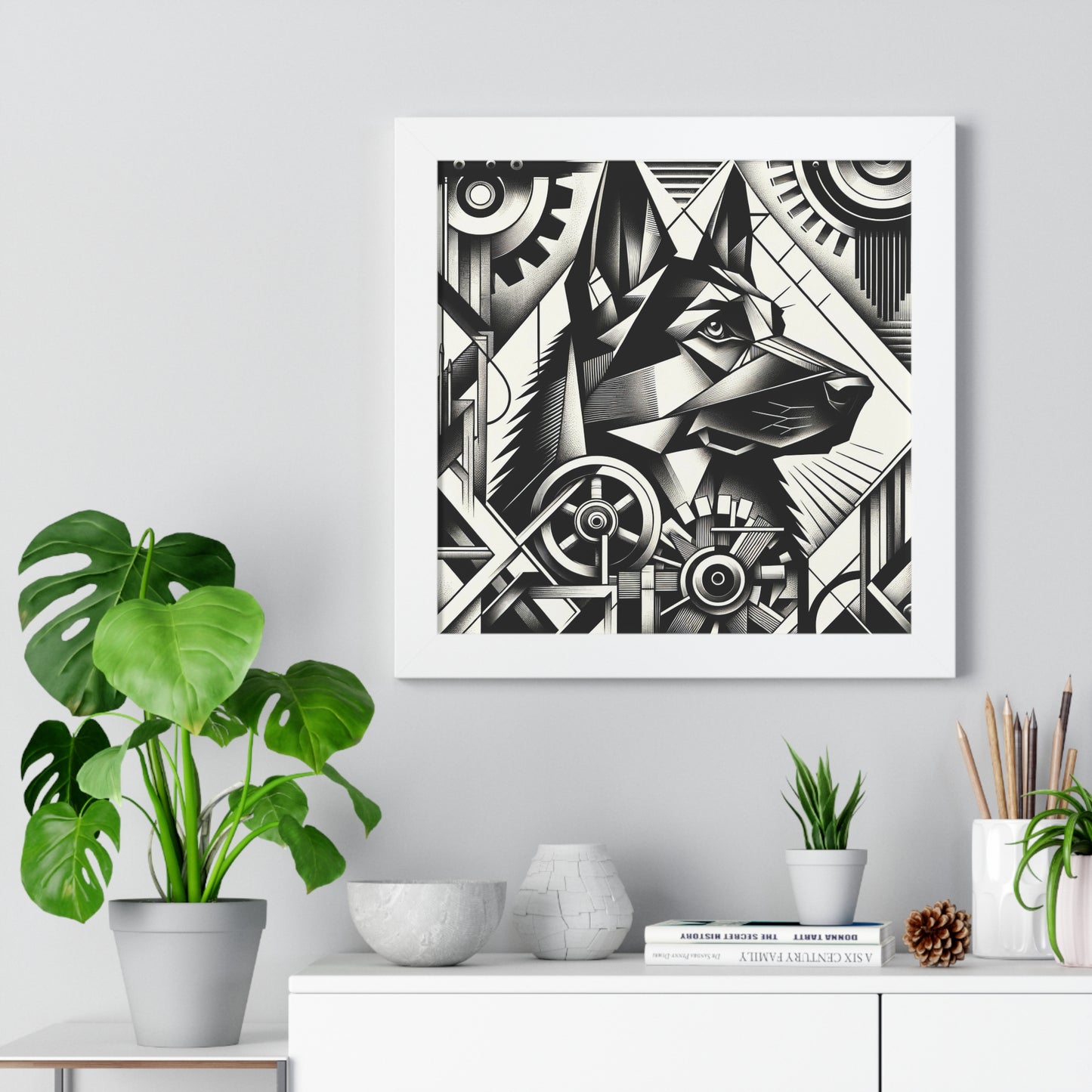 Constructivism and etching style German Shepherd Framed Poster Painting 16x16